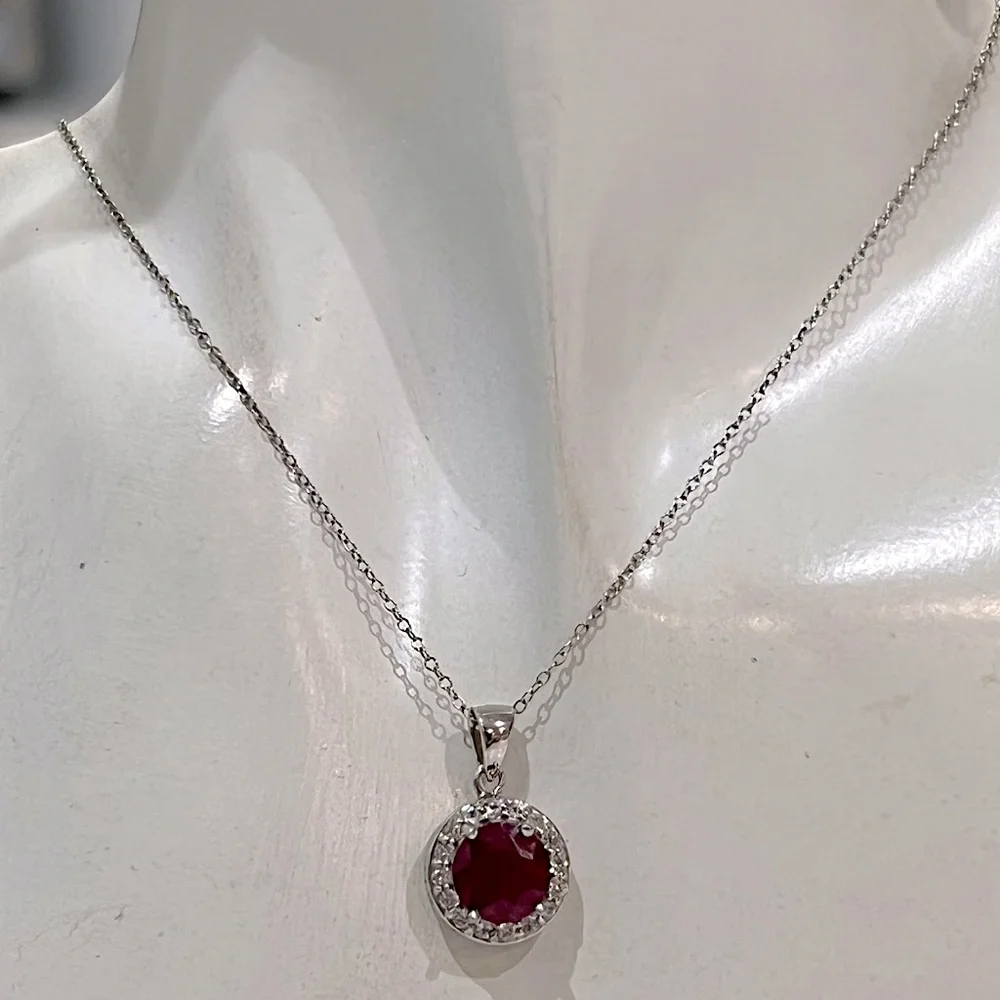 Niassa Ruby White Zircon Sterling Silver Halo Pendant Necklace - Picture 2 of 14